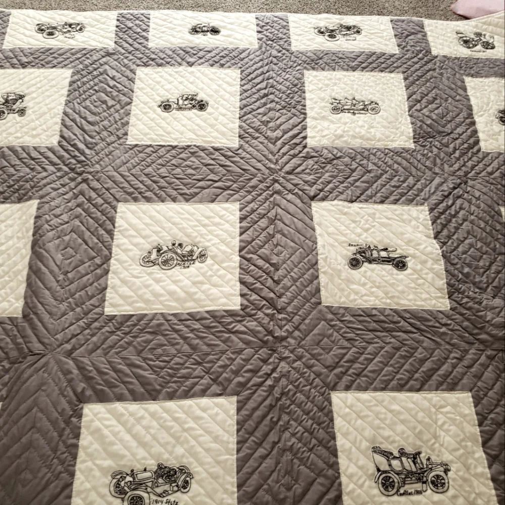 King Queen Quilt Embroidered Antique Cars Grey White Hand Stitched Needlepoint